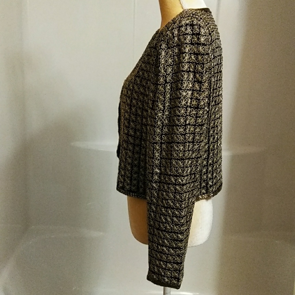 Vintage Laurence Kazar Black Silk Jacket with Gold Bugle Beads – Size PXL - Picture 3 of 8